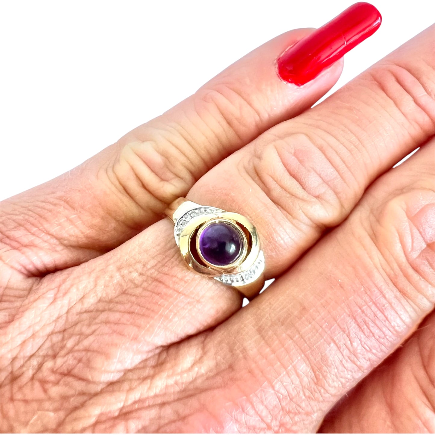Vintage 9ct Gold Cabochon Amethyst Diamond Ring London 1994 Hallmarked Size M