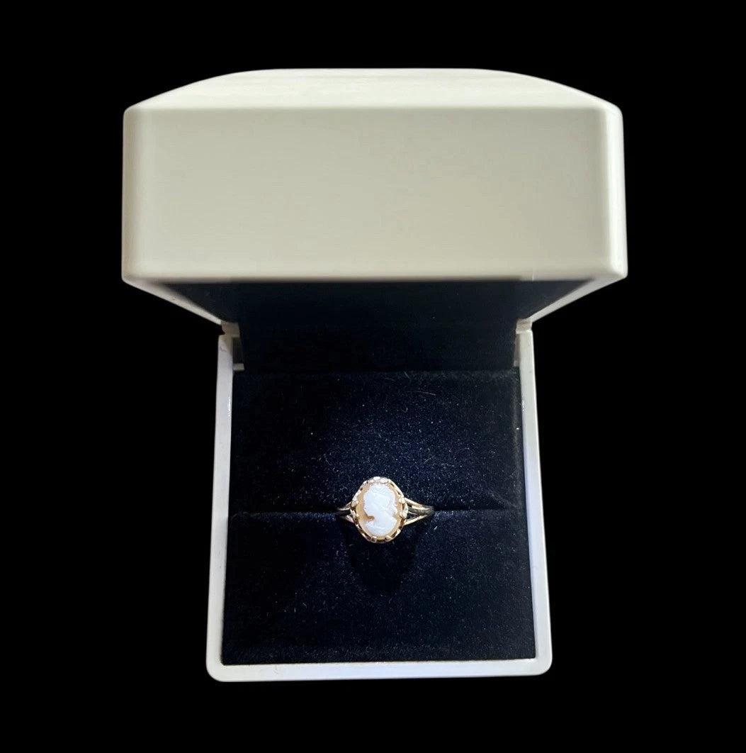 Cameo Ring in a white box with a black interior