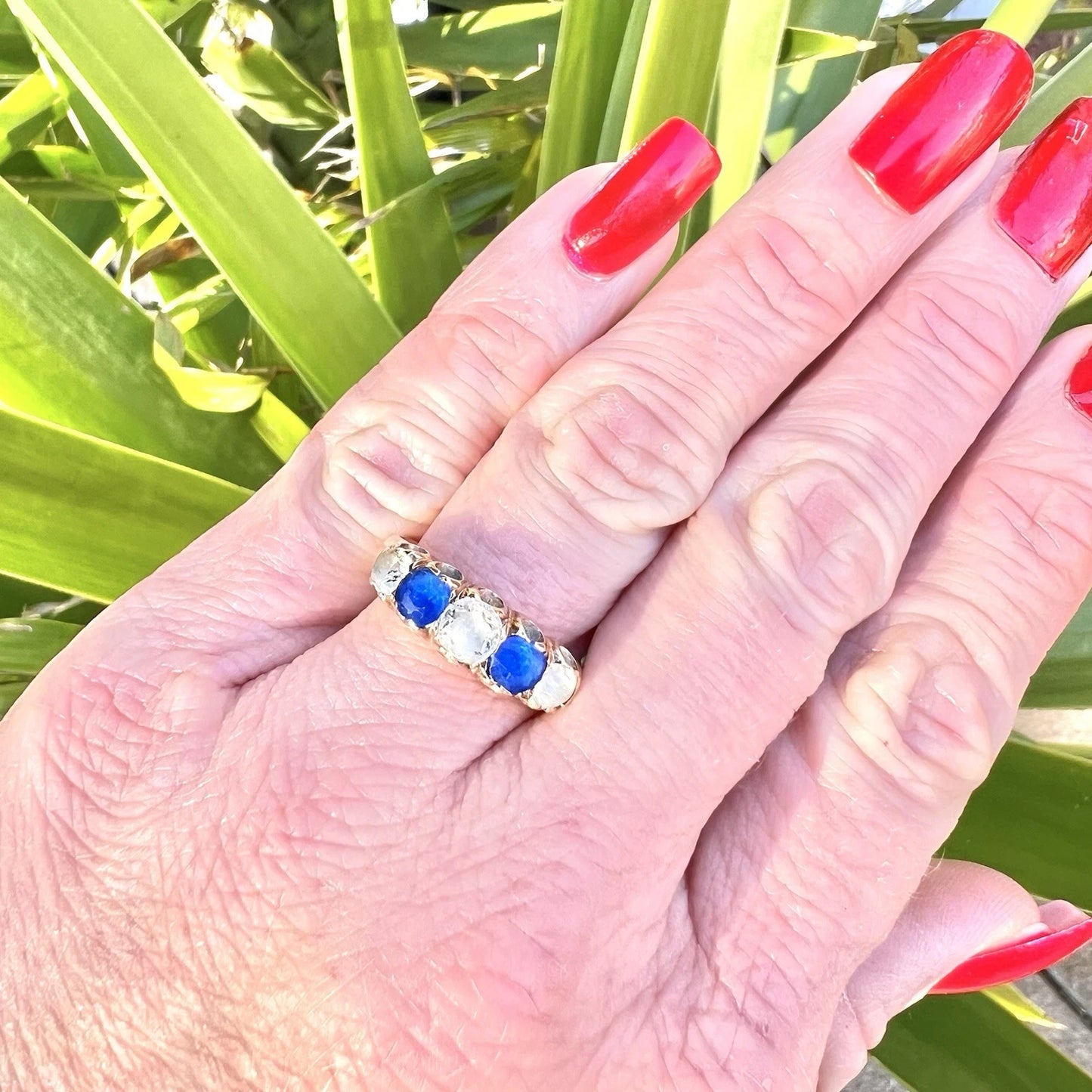 Hand wearing a gold ring with blue and white stones against a green leafy background