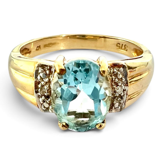 Vintage 9ct Gold Blue Topaz & Diamond Ring Birmingham Hallmarked Size N