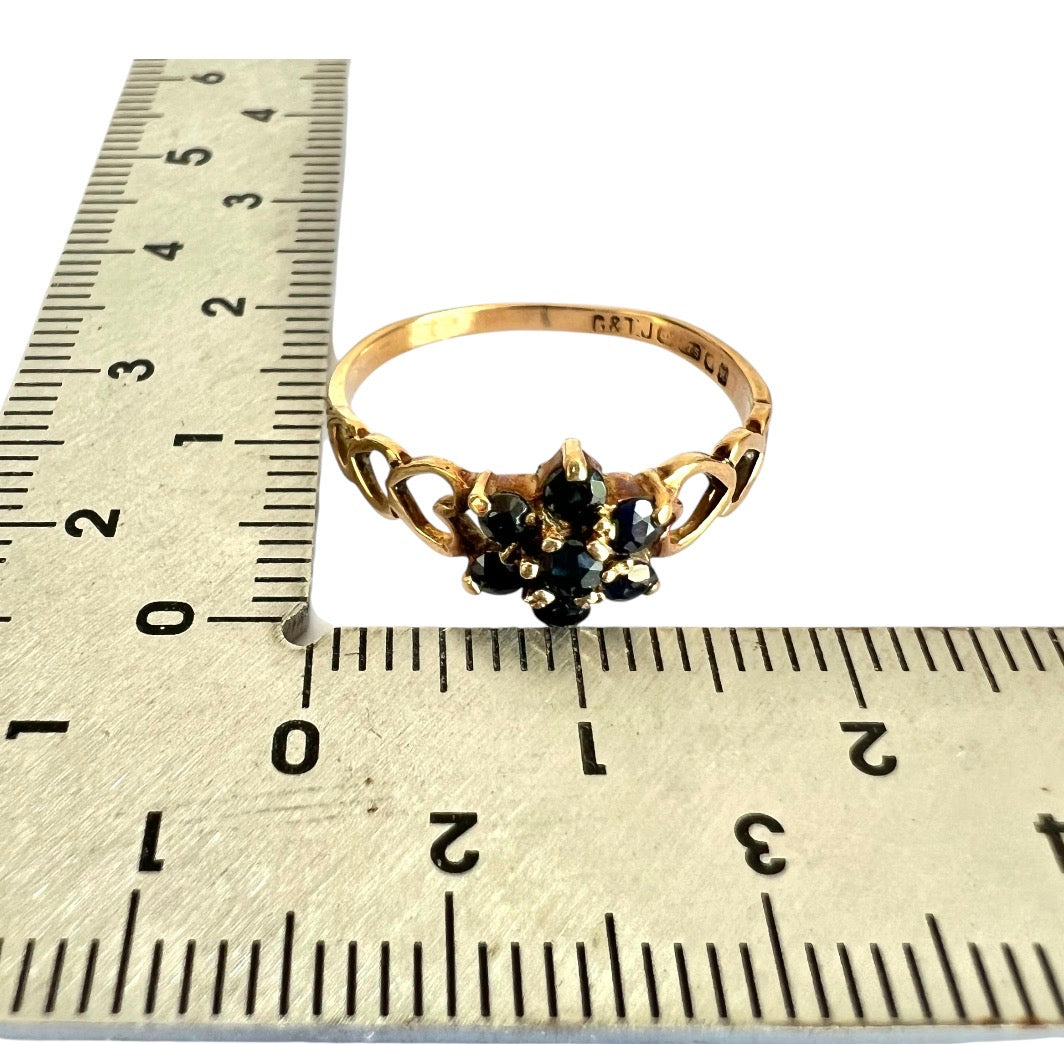 Vintage 9ct Gold Sapphire Flower Cluster Ring - Heart Shoulders - Size O