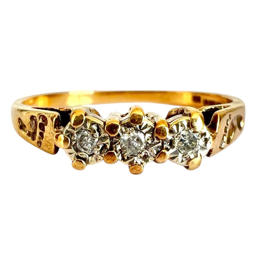 Vintage 9ct Gold Three Stone Diamond Footprint Ring - Hallmarked - Size N