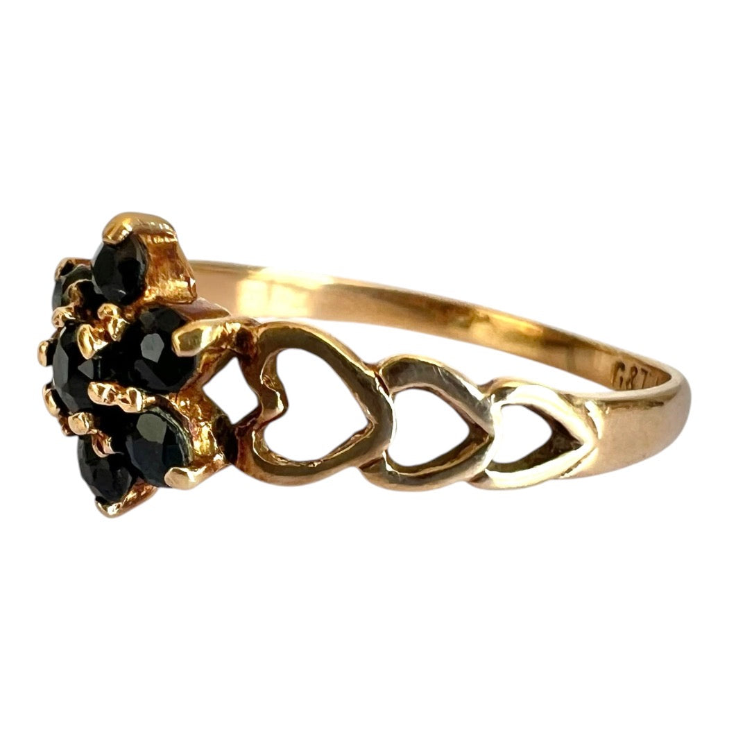 Vintage 9ct Gold Sapphire Flower Cluster Ring - Heart Shoulders - Size O