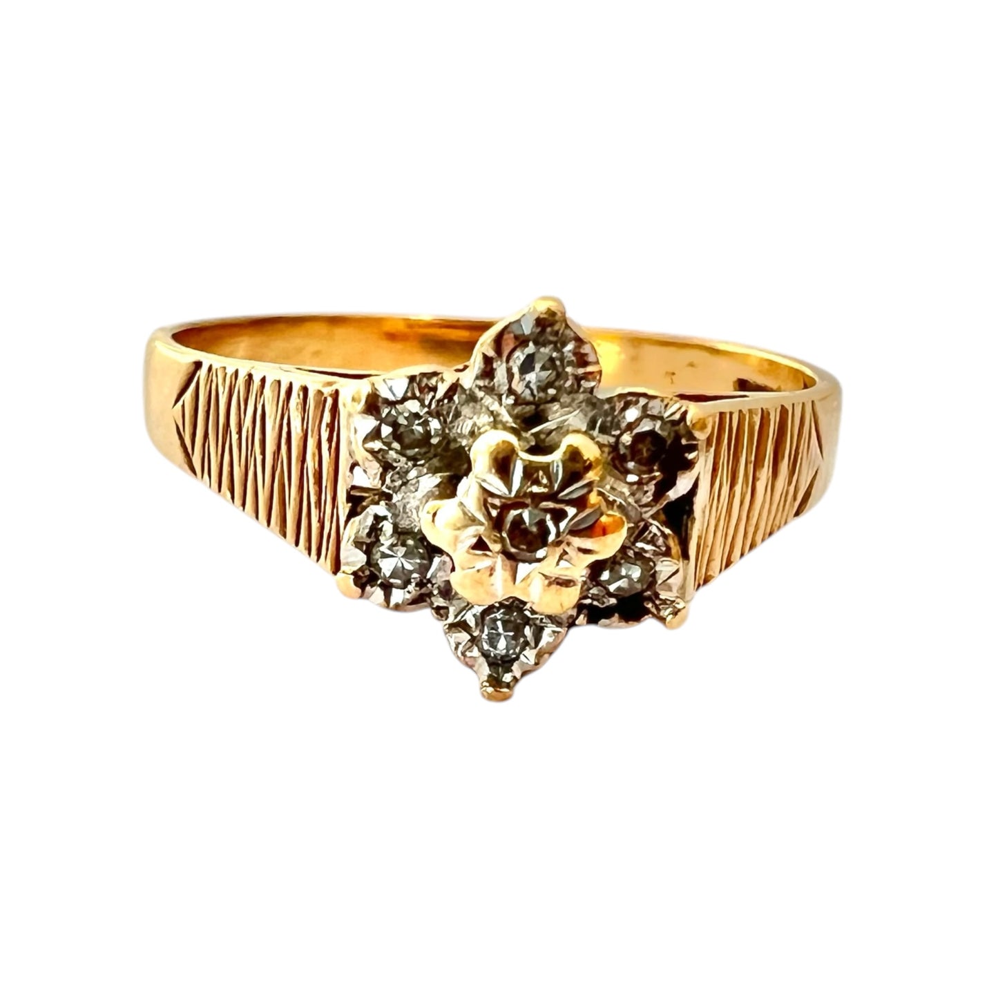 Diamond Flower Cluster Ring - Vintage - 9ct Gold Textured Shoulders - Size N 1/2