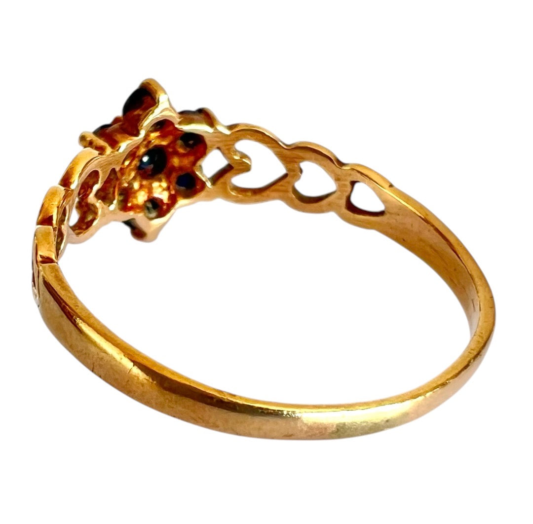 Vintage 9ct Gold Sapphire Flower Cluster Ring - Heart Shoulders - Size O