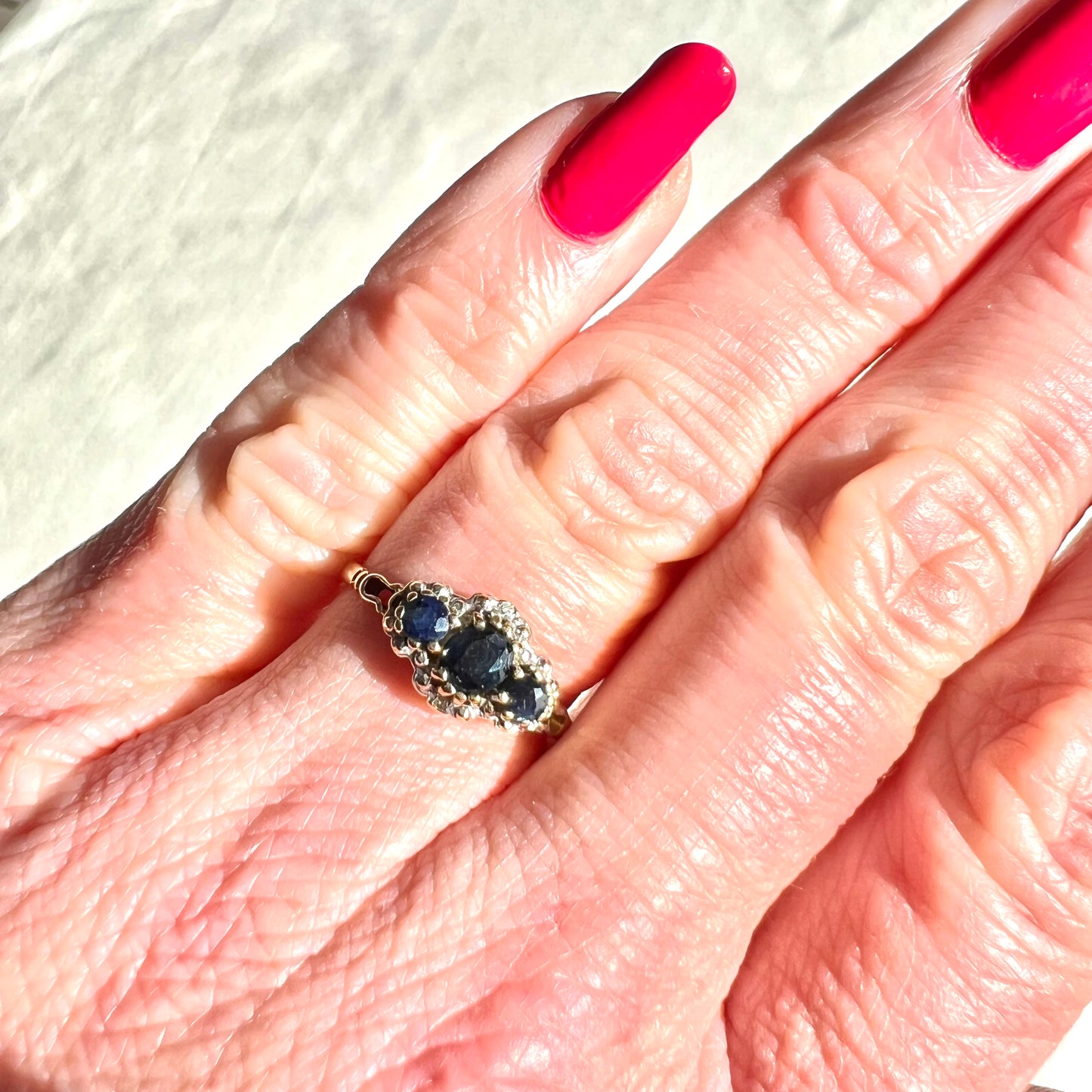 Sapphire & Diamond Three Stone Ring - Vintage - 9ct Gold - Size O