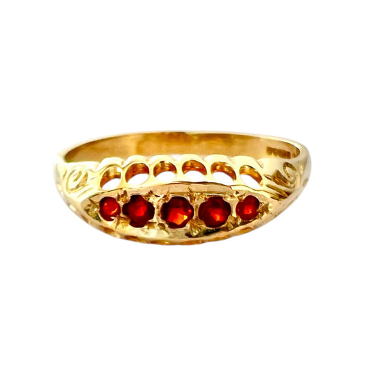 Garnet Five Stone Boat Gypsy Ring - Vintage - 9ct Gold Hallmarked - Size O