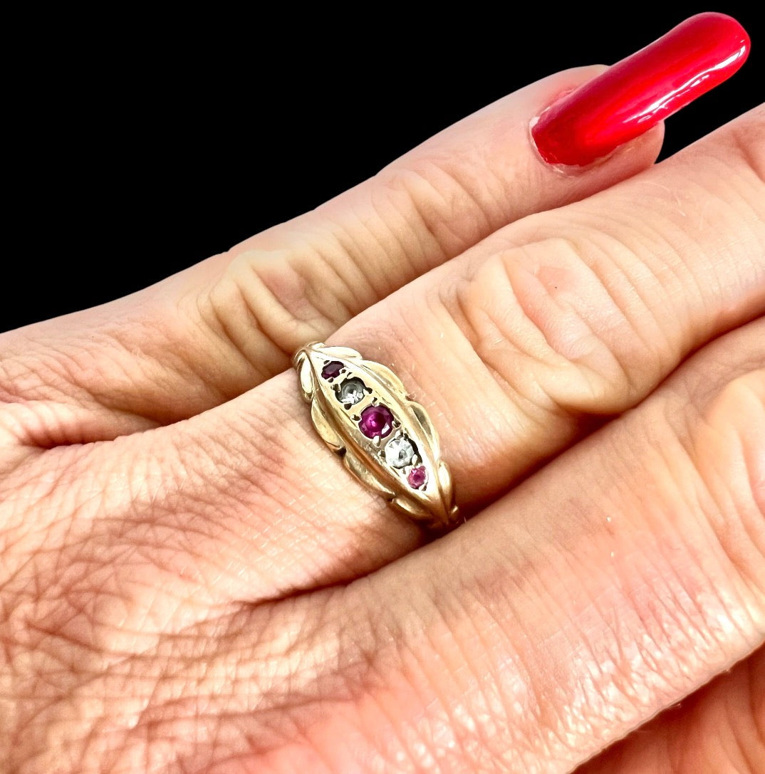 Vintage 1972 9ct Gold Ruby Simulant & White Paste Five Stone Hallmark  Size O