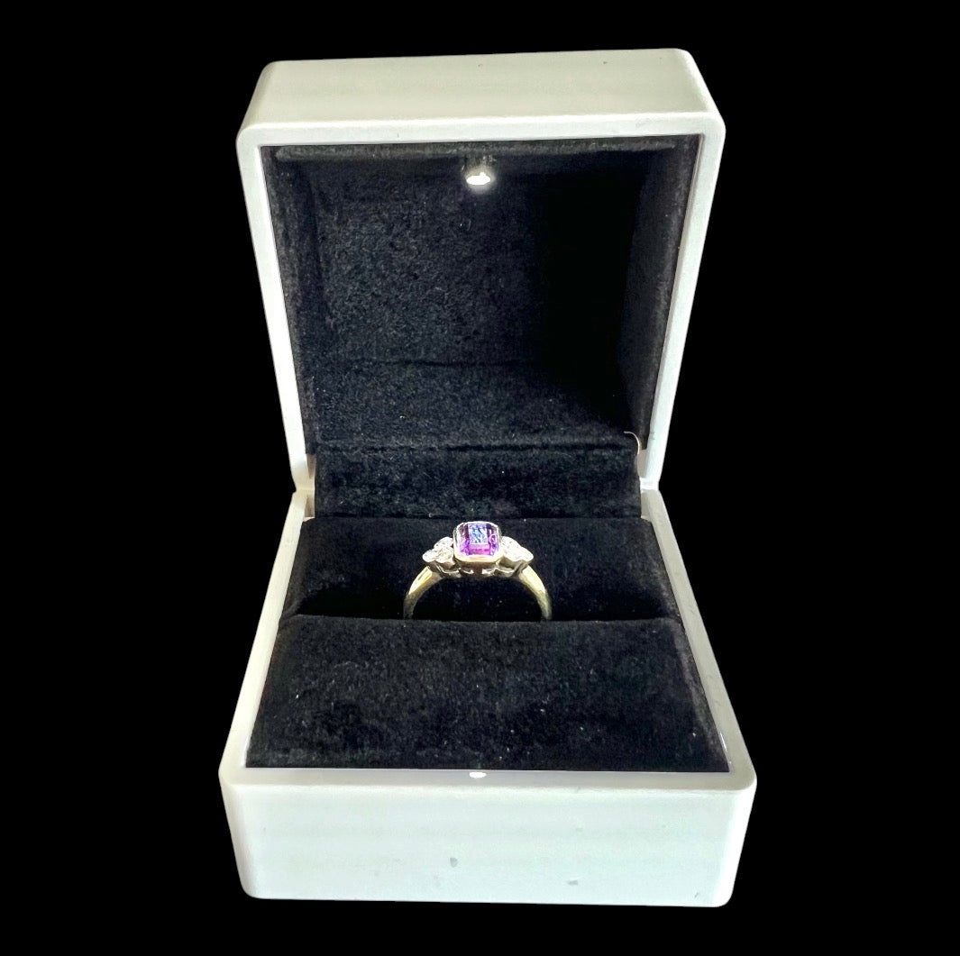9ct Gold Amethyst & Diamond Ring – Emerald Cut – Vintage 1993 – Size N