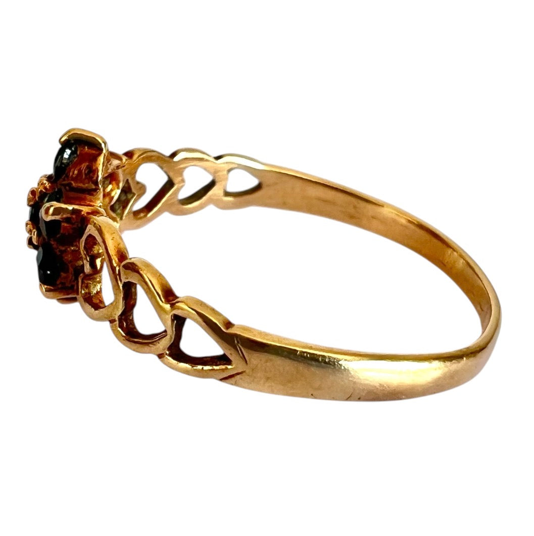 Vintage 9ct Gold Sapphire Flower Cluster Ring - Heart Shoulders - Size O
