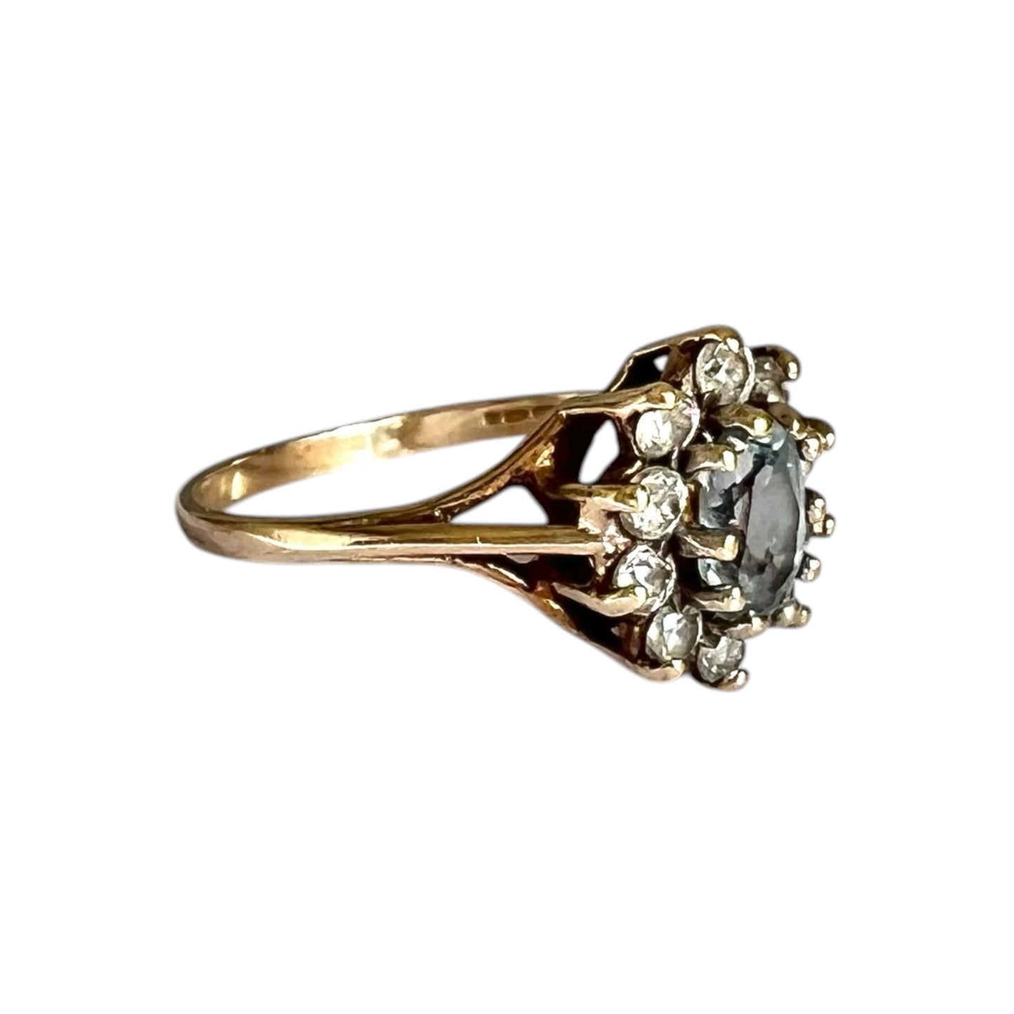 Blue Topaz Flower Cluster Ring Vintage 9ct Gold Size K 1/2