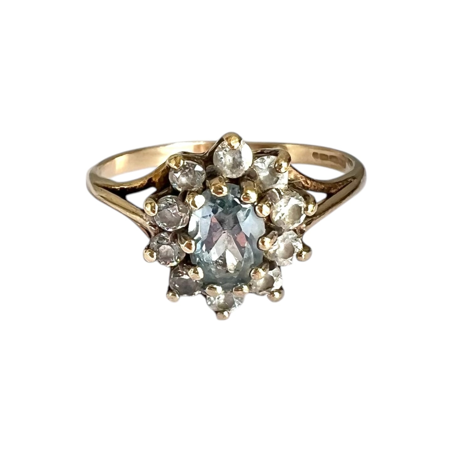 Blue Topaz Flower Cluster Ring Vintage 9ct Gold Size K 1/2