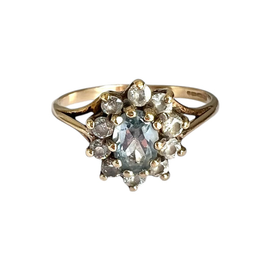 Blue Topaz Flower Cluster Ring Vintage 9ct Gold Size K 1/2
