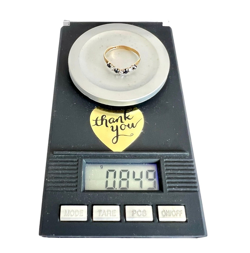 Vintage 9ct Gold Sapphire Wishbone Ring - Seven Stone - Size K 1/2