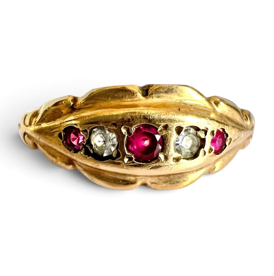 Vintage 1972 9ct Gold Ruby Simulant & White Paste Five Stone Hallmark  Size O