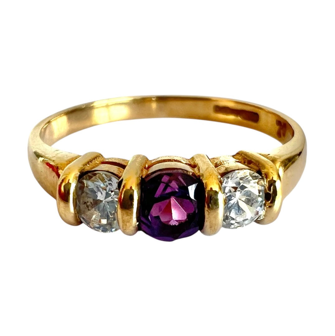 Vintage 9ct Gold Amethyst & Cubic Zirconia Three Stone Ring Size O 1/2