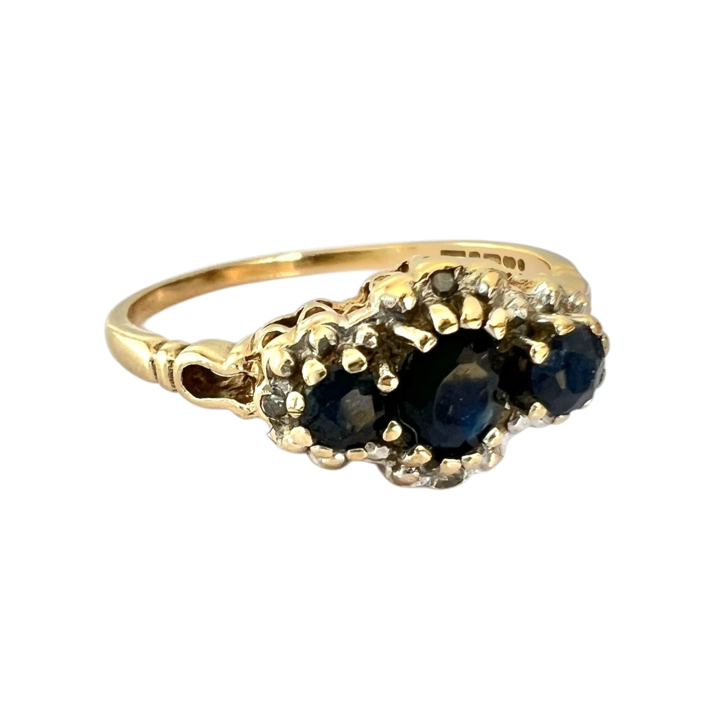 Sapphire & Diamond Three Stone Ring - Vintage - 9ct Gold - Size O
