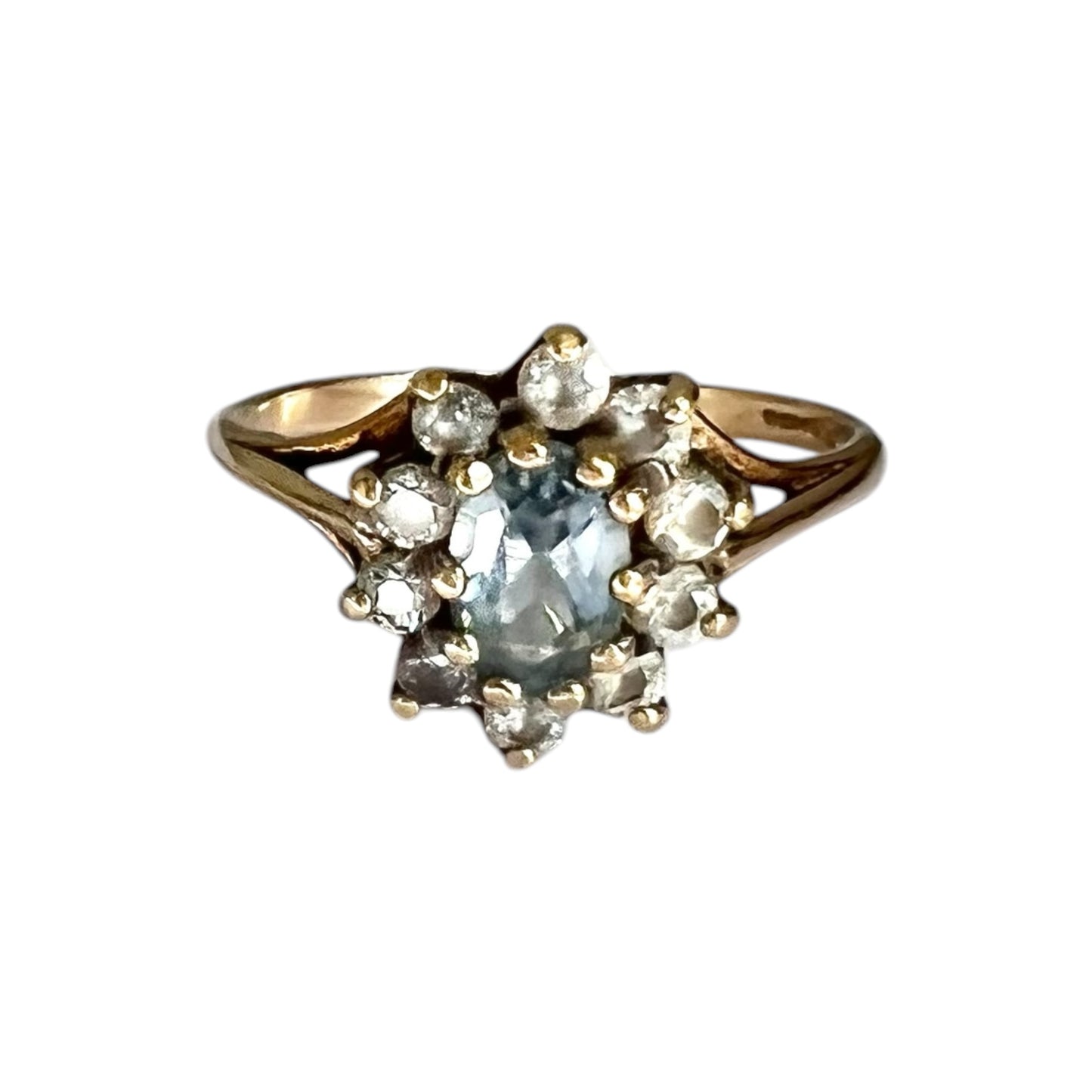 Blue Topaz Flower Cluster Ring Vintage 9ct Gold Size K 1/2