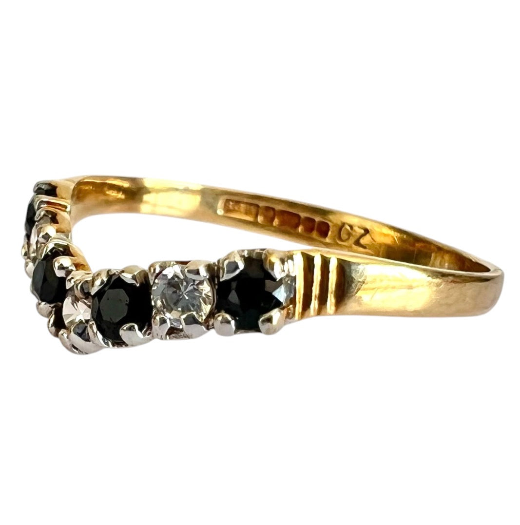 Vintage 9ct Gold Sapphire Wishbone Ring - Seven Stone - Size K 1/2