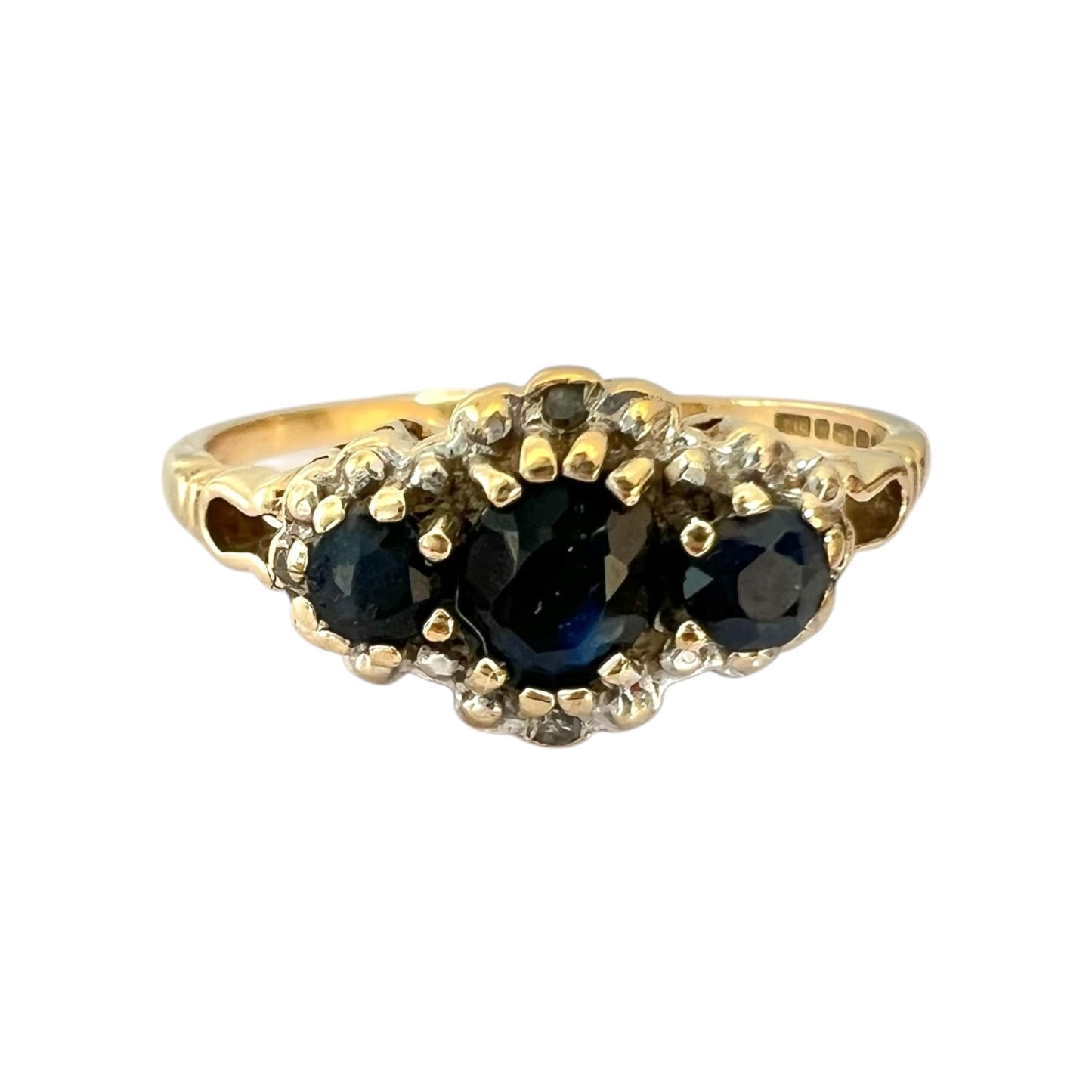 Sapphire & Diamond Three Stone Ring - Vintage - 9ct Gold - Size O