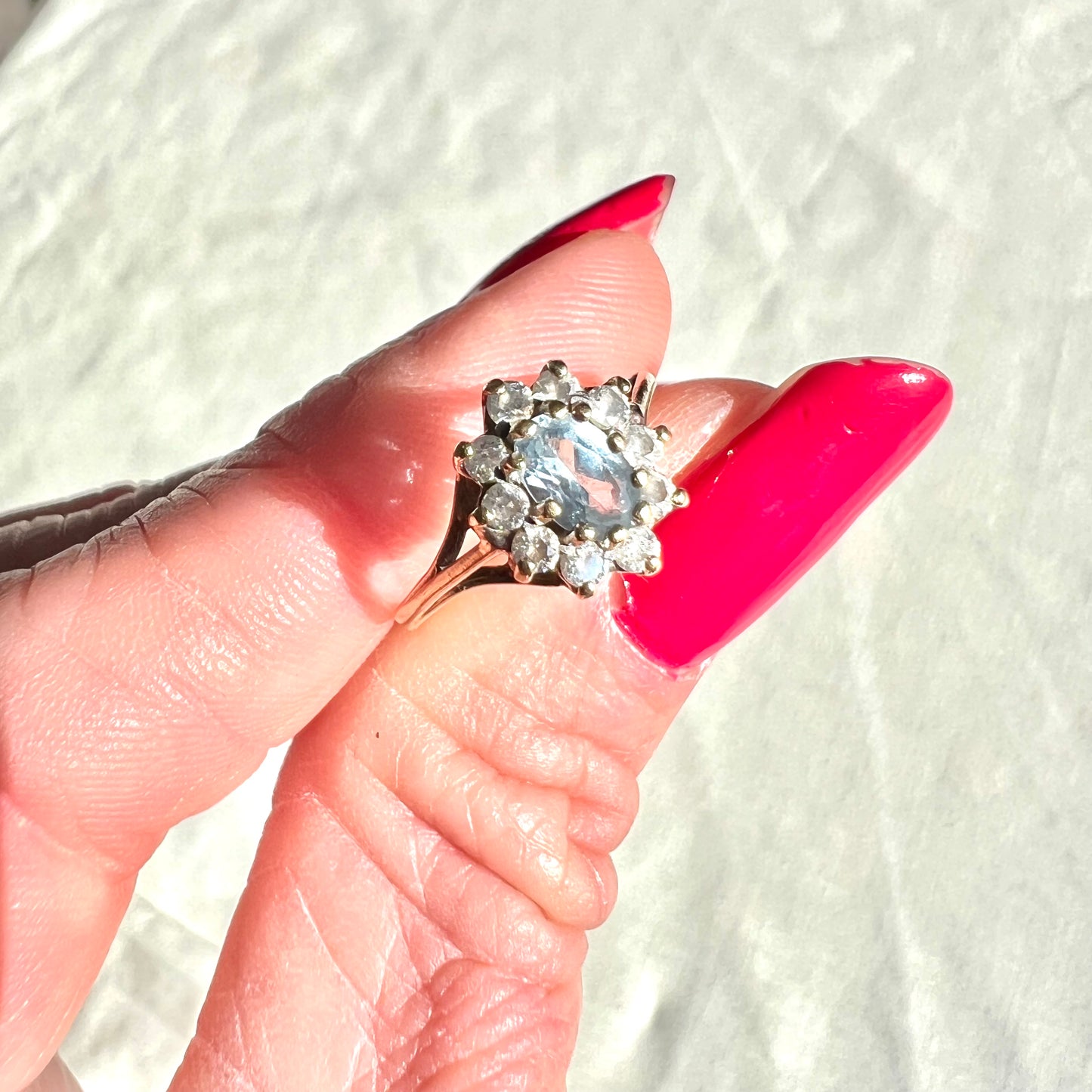 Blue Topaz Flower Cluster Ring Vintage 9ct Gold Size K 1/2