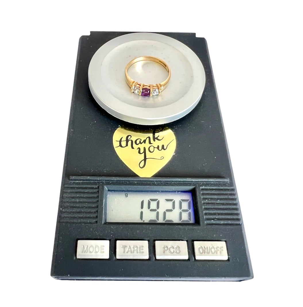 Vintage 9ct Gold Amethyst & Cubic Zirconia Three Stone Ring Size O 1/2