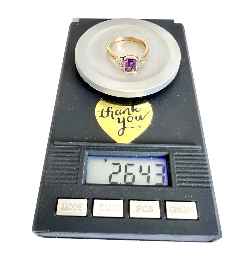 9ct Gold Amethyst & Diamond Ring – Emerald Cut – Vintage 1993 – Size N