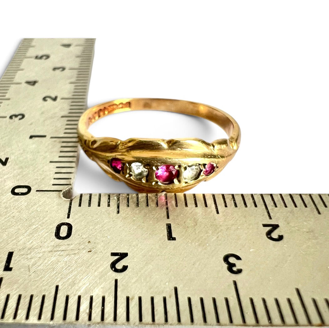 Vintage 1972 9ct Gold Ruby Simulant & White Paste Five Stone Hallmark  Size O