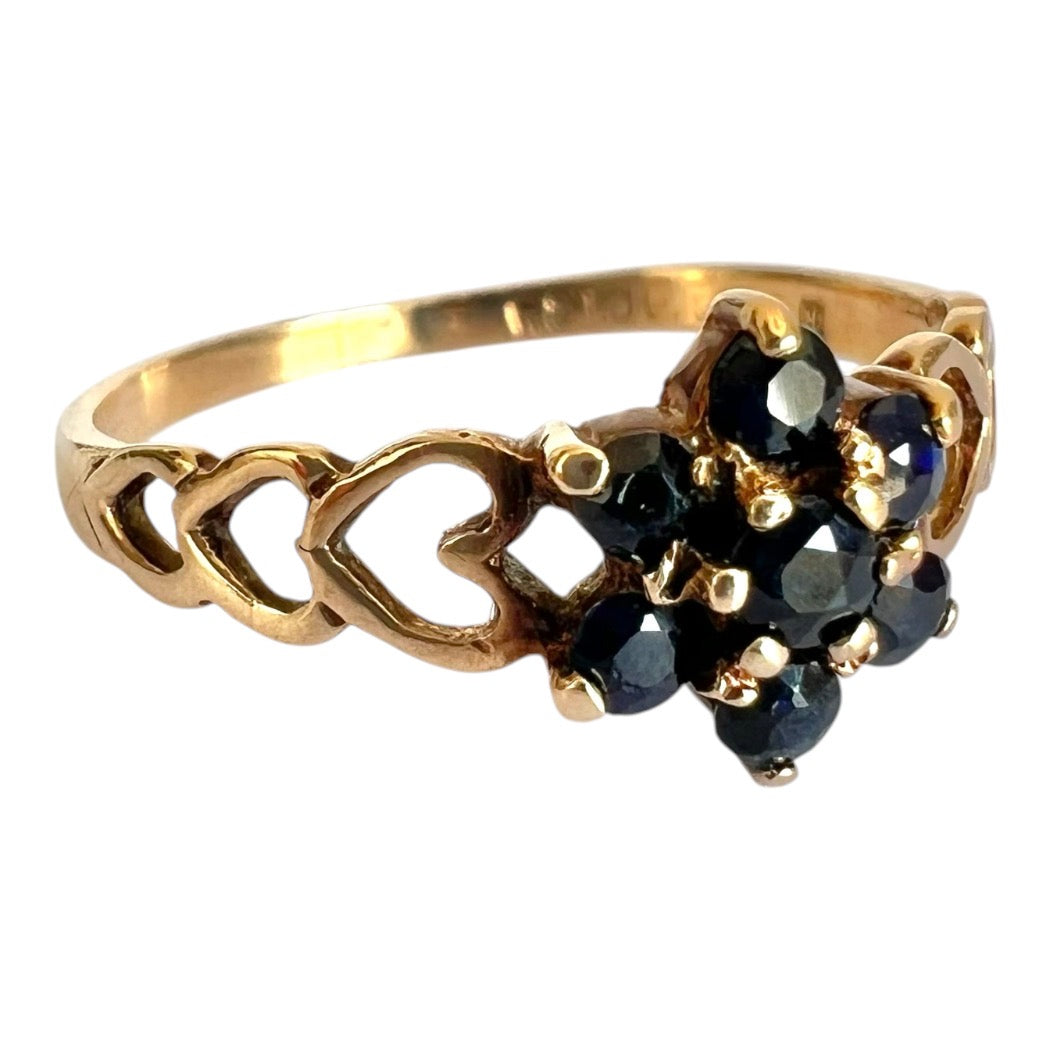 Vintage 9ct Gold Sapphire Flower Cluster Ring - Heart Shoulders - Size O