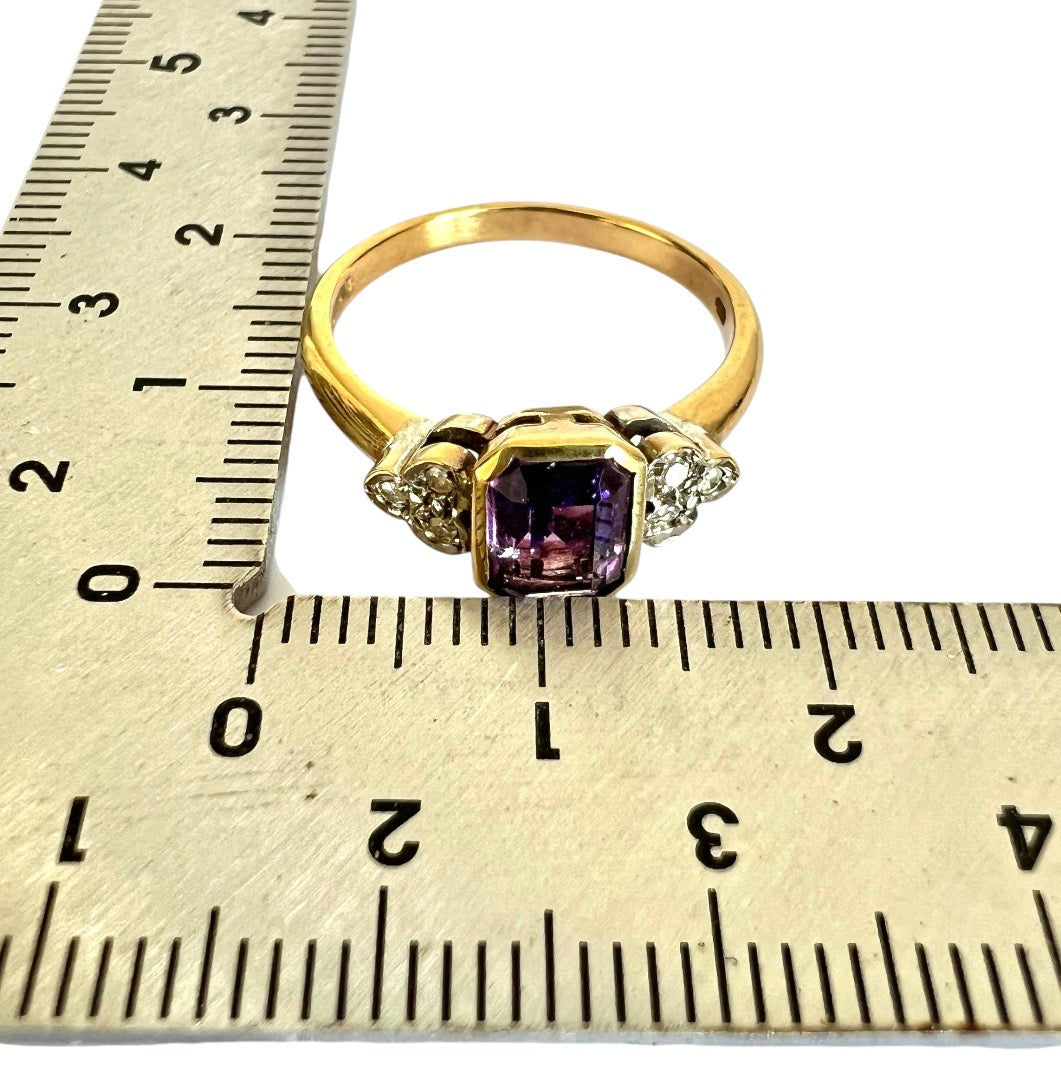 9ct Gold Amethyst & Diamond Ring – Emerald Cut – Vintage 1993 – Size N