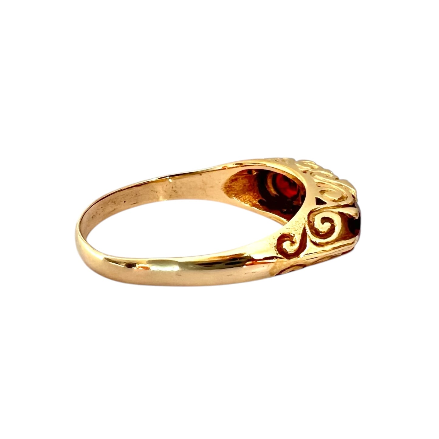 Garnet & Topaz Three Stone Ring Vintage - 9ct Gold Carved - Size P 1/2