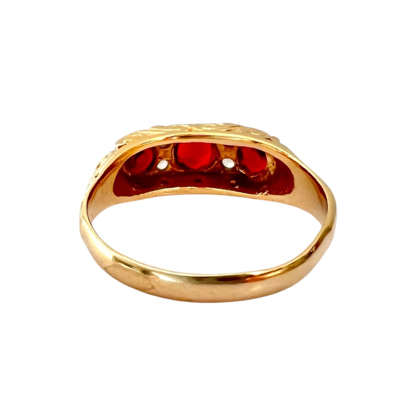 Garnet & Topaz Three Stone Ring Vintage - 9ct Gold Carved - Size P 1/2