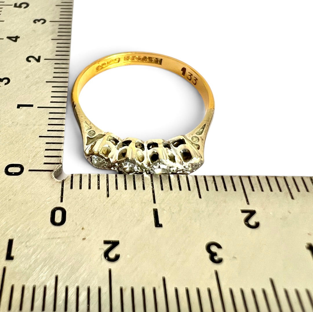 Vintage 18ct Gold Platinum Four Diamond Ring Stamped 18CT & PT Size N