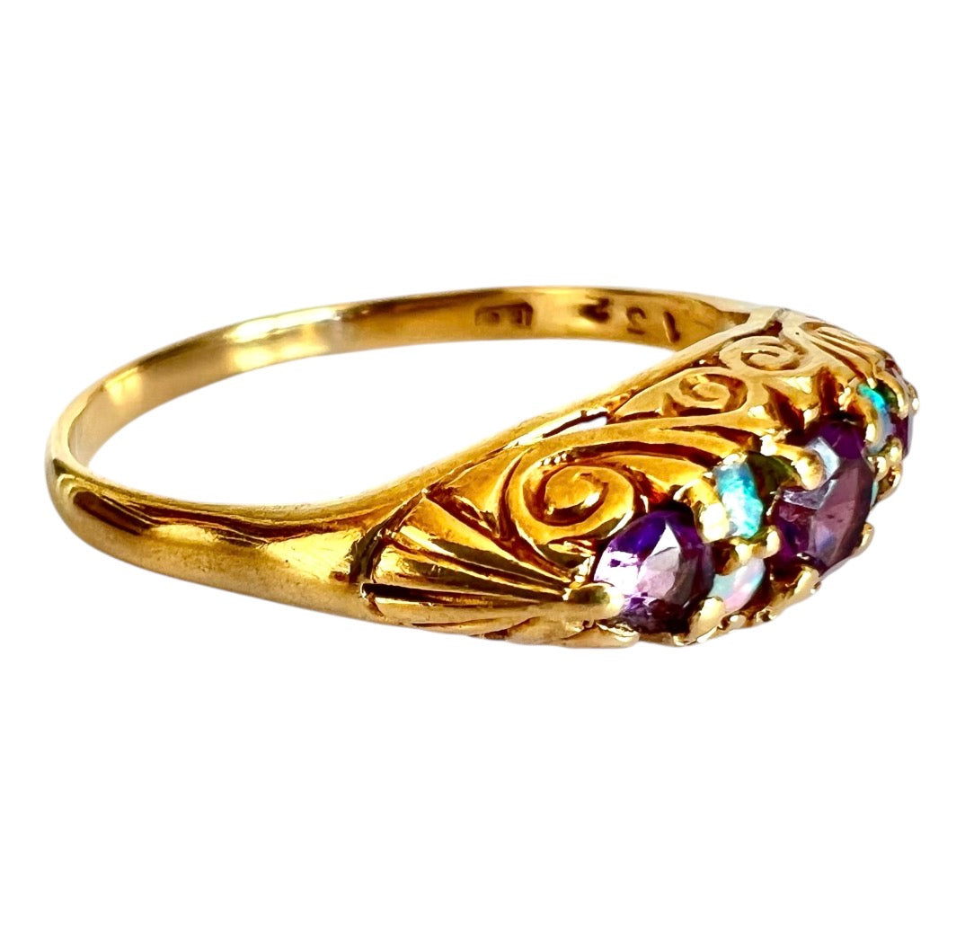 Vintage 9ct Gold Opal & Amethyst Ring – London 1976 – Size U