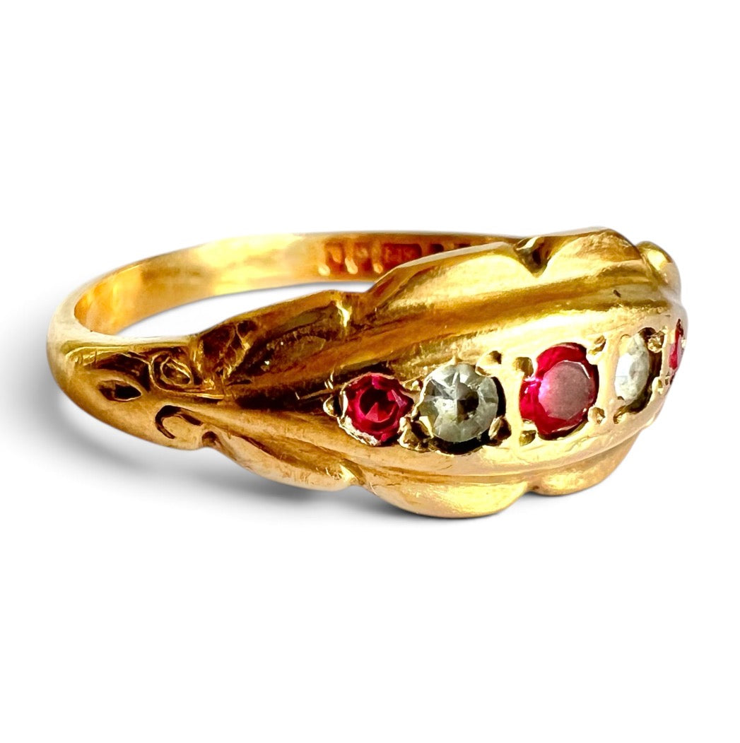 Vintage 1972 9ct Gold Ruby Simulant & White Paste Five Stone Hallmark  Size O