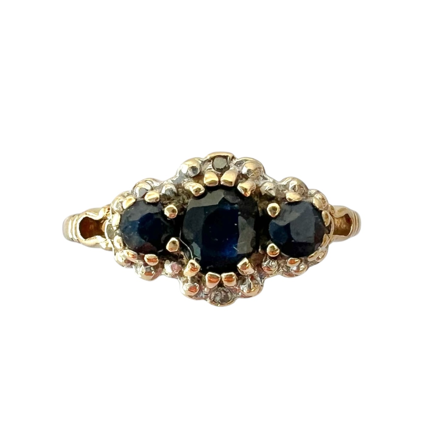 Sapphire & Diamond Three Stone Ring - Vintage - 9ct Gold - Size O