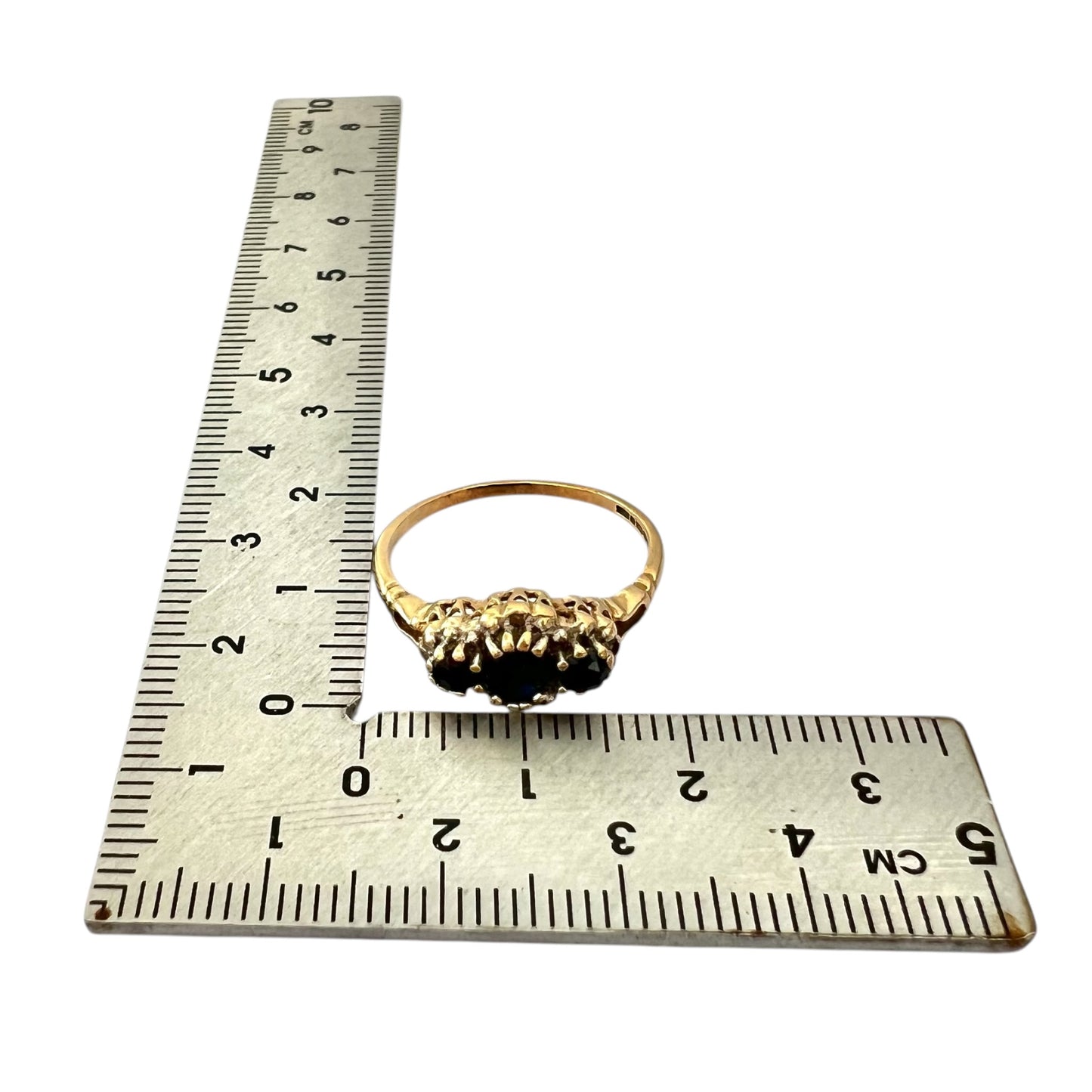 Sapphire & Diamond Three Stone Ring - Vintage - 9ct Gold - Size O