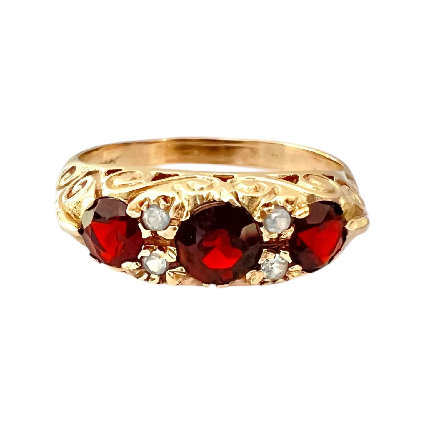 Garnet & Topaz Three Stone Ring Vintage - 9ct Gold Carved - Size P 1/2