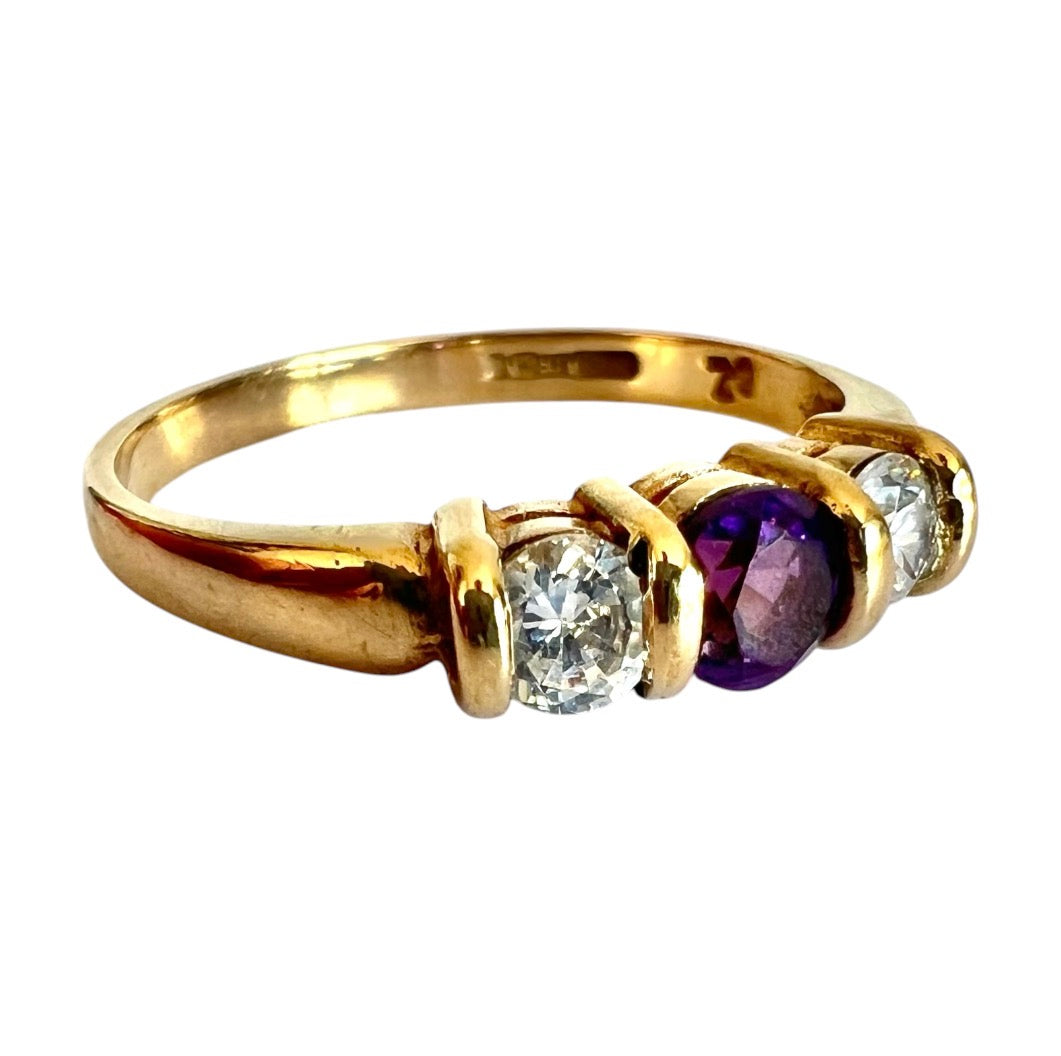 Vintage 9ct Gold Amethyst & Cubic Zirconia Three Stone Ring Size O 1/2