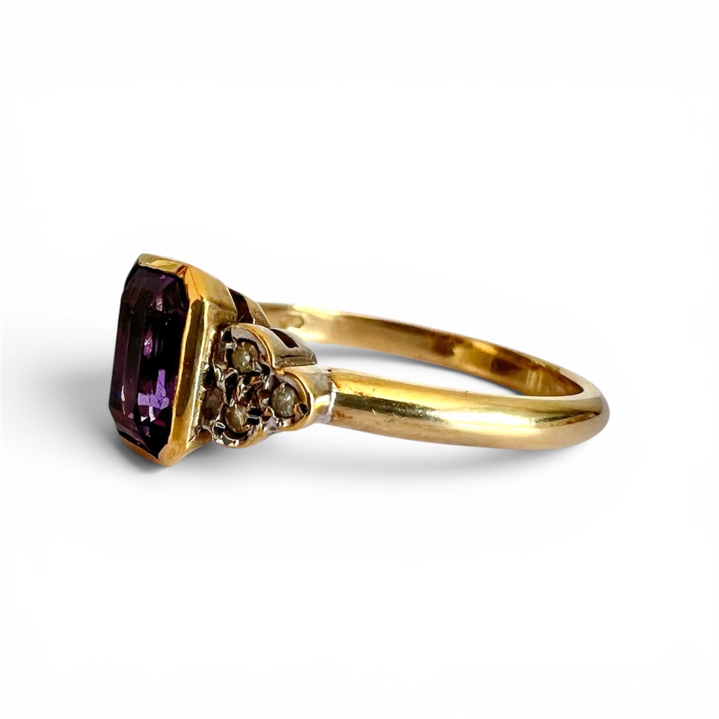 9ct Gold Amethyst & Diamond Ring – Emerald Cut – Vintage 1993 – Size N