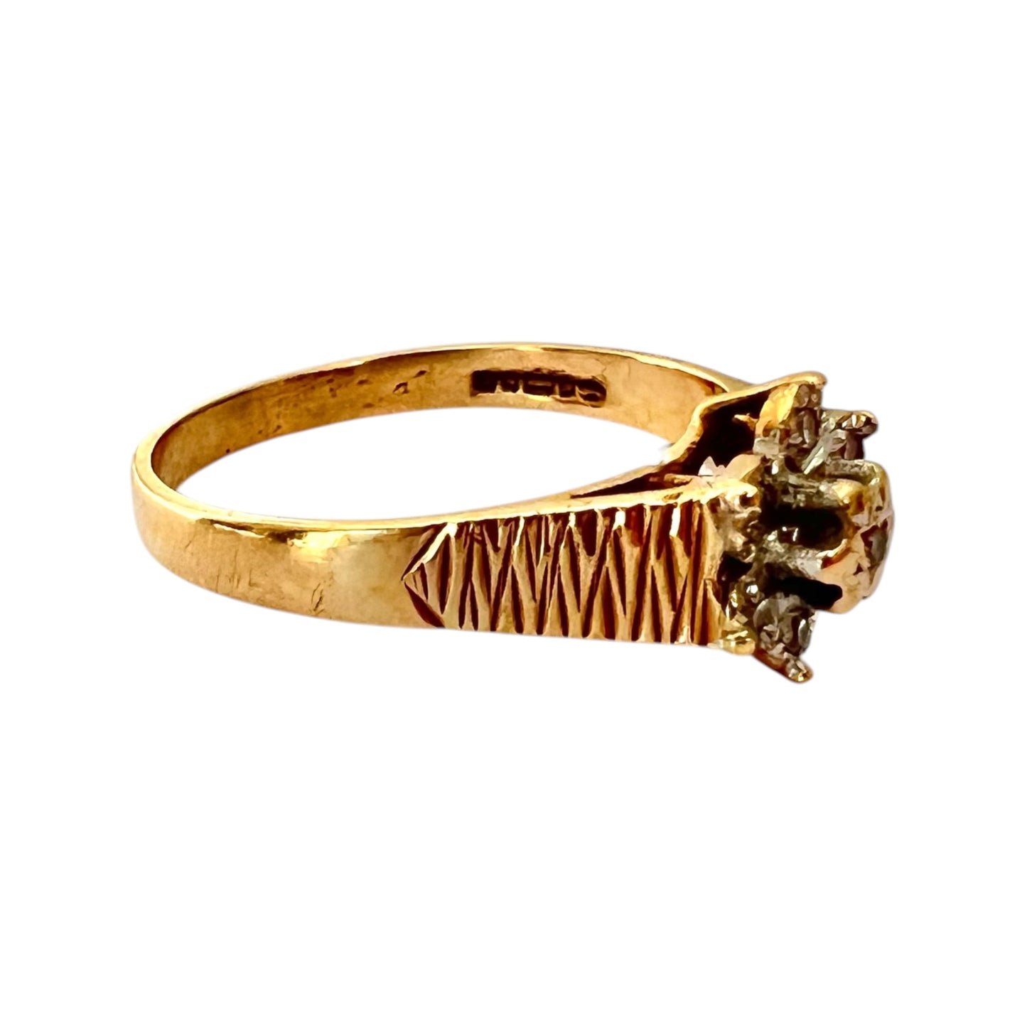 Diamond Flower Cluster Ring - Vintage - 9ct Gold Textured Shoulders - Size N 1/2