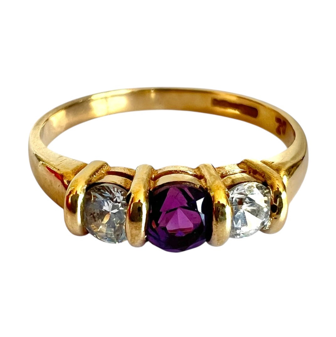 Vintage 9ct Gold Amethyst & Cubic Zirconia Three Stone Ring Size O 1/2