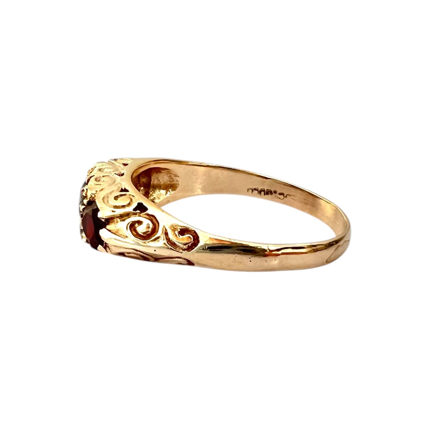 Garnet & Topaz Three Stone Ring Vintage - 9ct Gold Carved - Size P 1/2