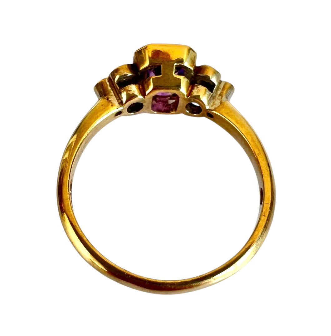 9ct Gold Amethyst & Diamond Ring – Emerald Cut – Vintage 1993 – Size N