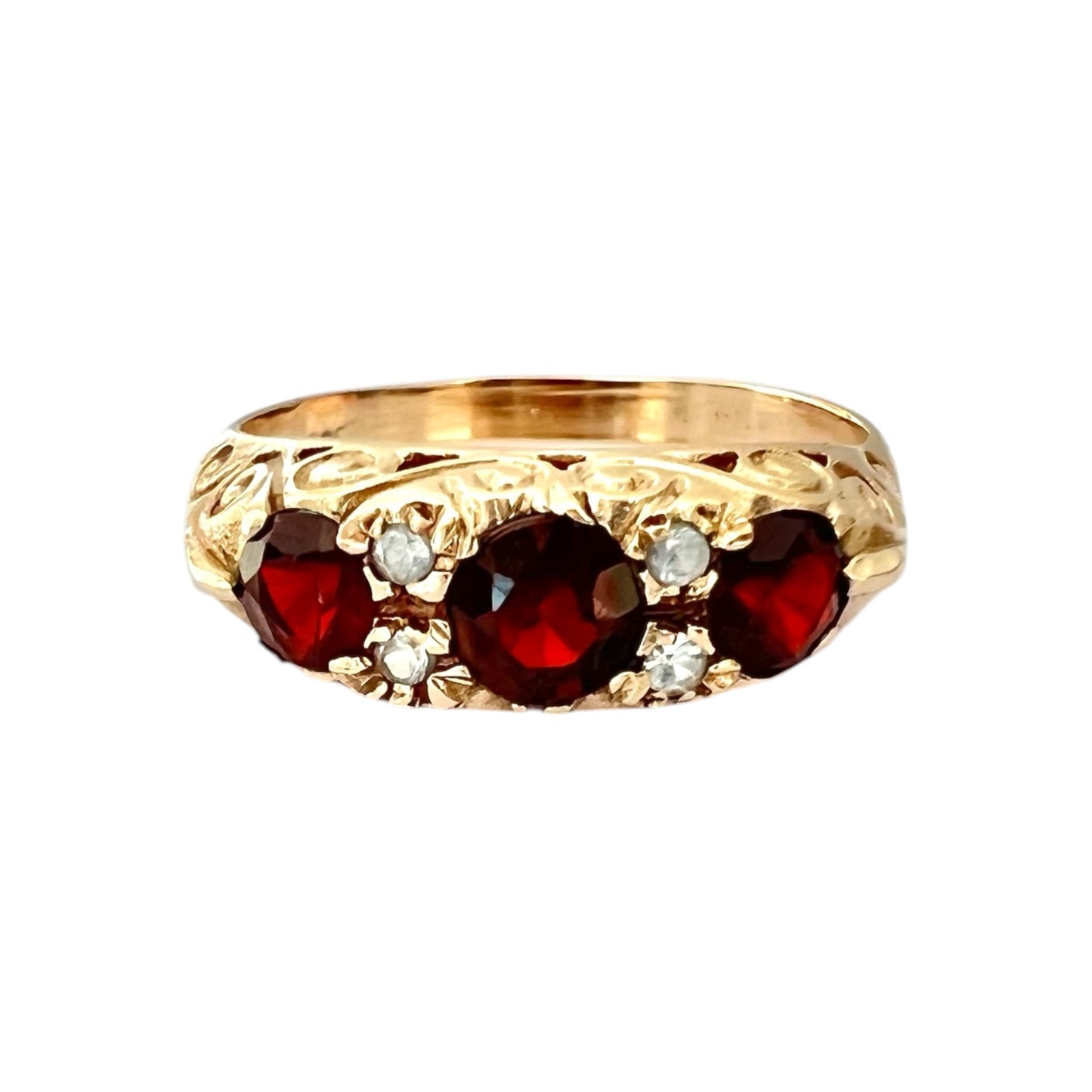 Garnet & Topaz Three Stone Ring Vintage - 9ct Gold Carved - Size P 1/2