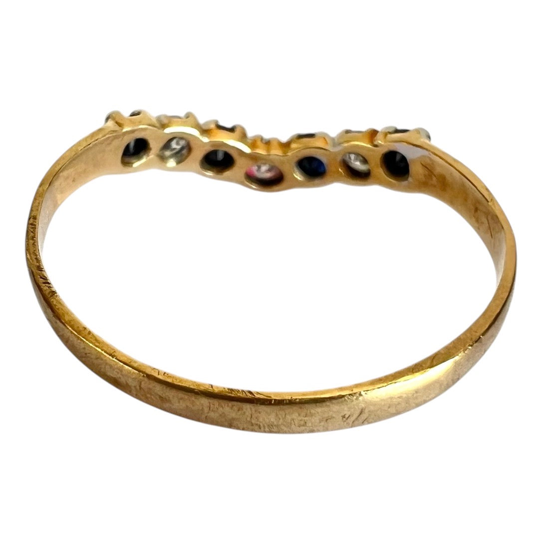 Vintage 9ct Gold Sapphire Wishbone Ring - Seven Stone - Size K 1/2