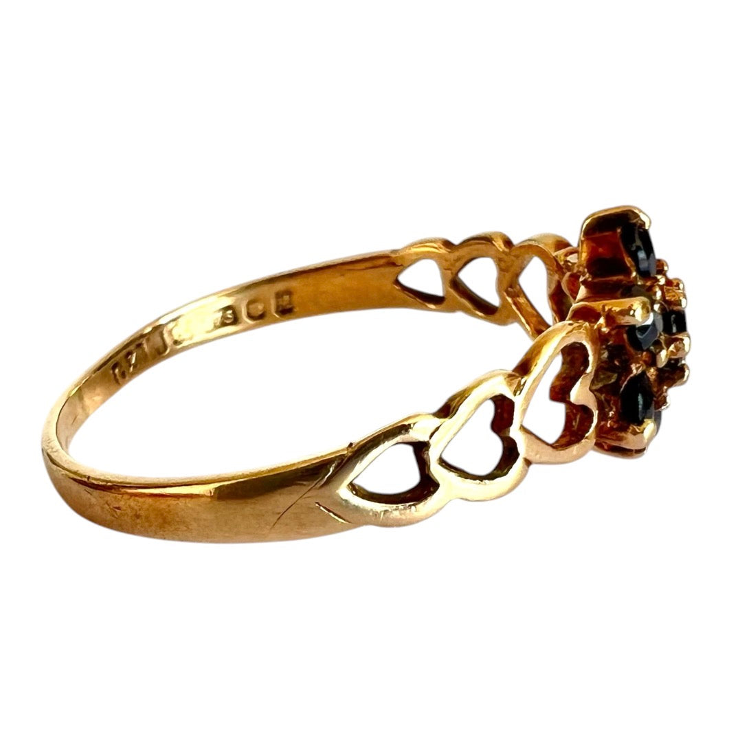 Vintage 9ct Gold Sapphire Flower Cluster Ring - Heart Shoulders - Size O