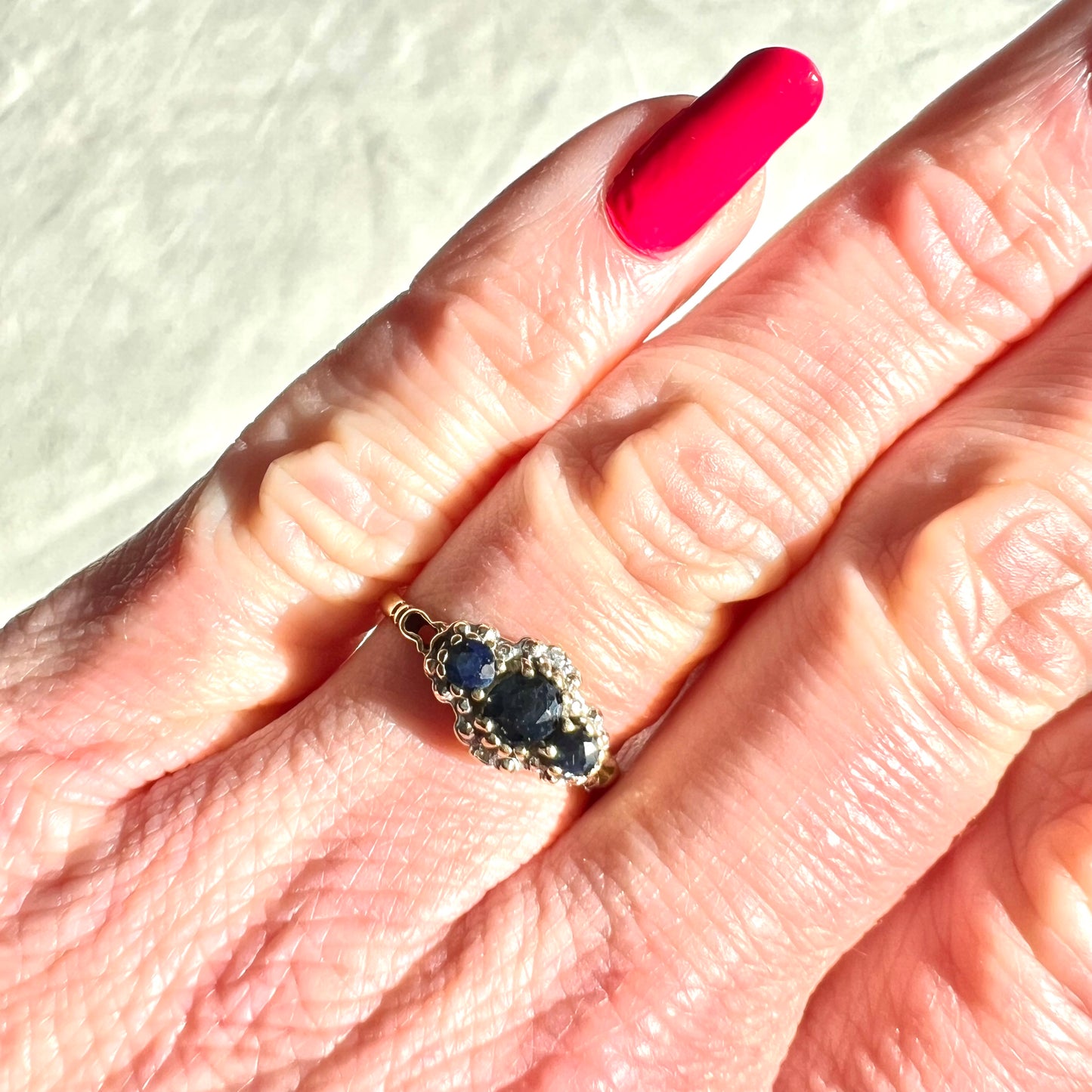Sapphire & Diamond Three Stone Ring - Vintage - 9ct Gold - Size O