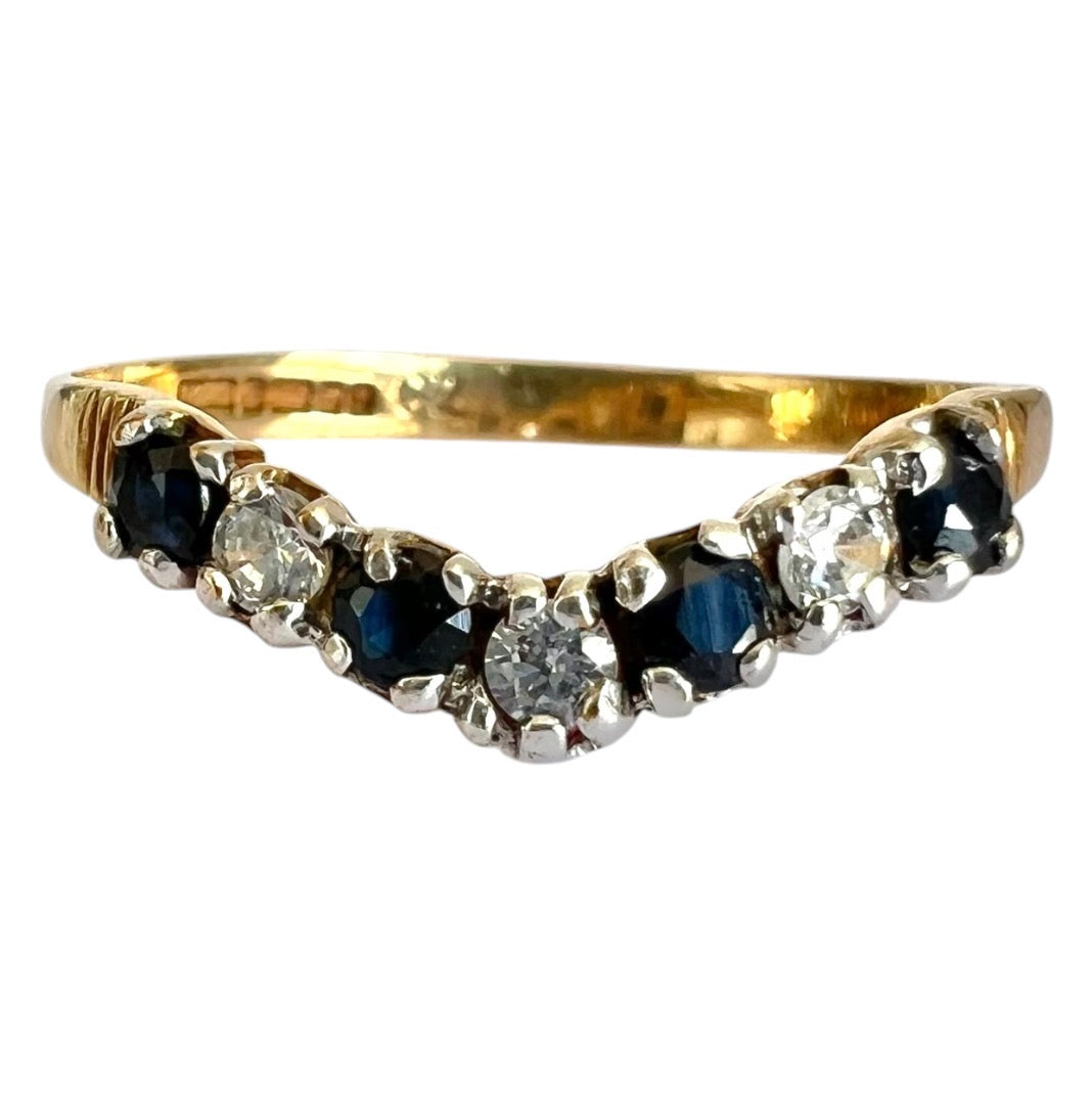Vintage 9ct Gold Sapphire Wishbone Ring - Seven Stone - Size K 1/2