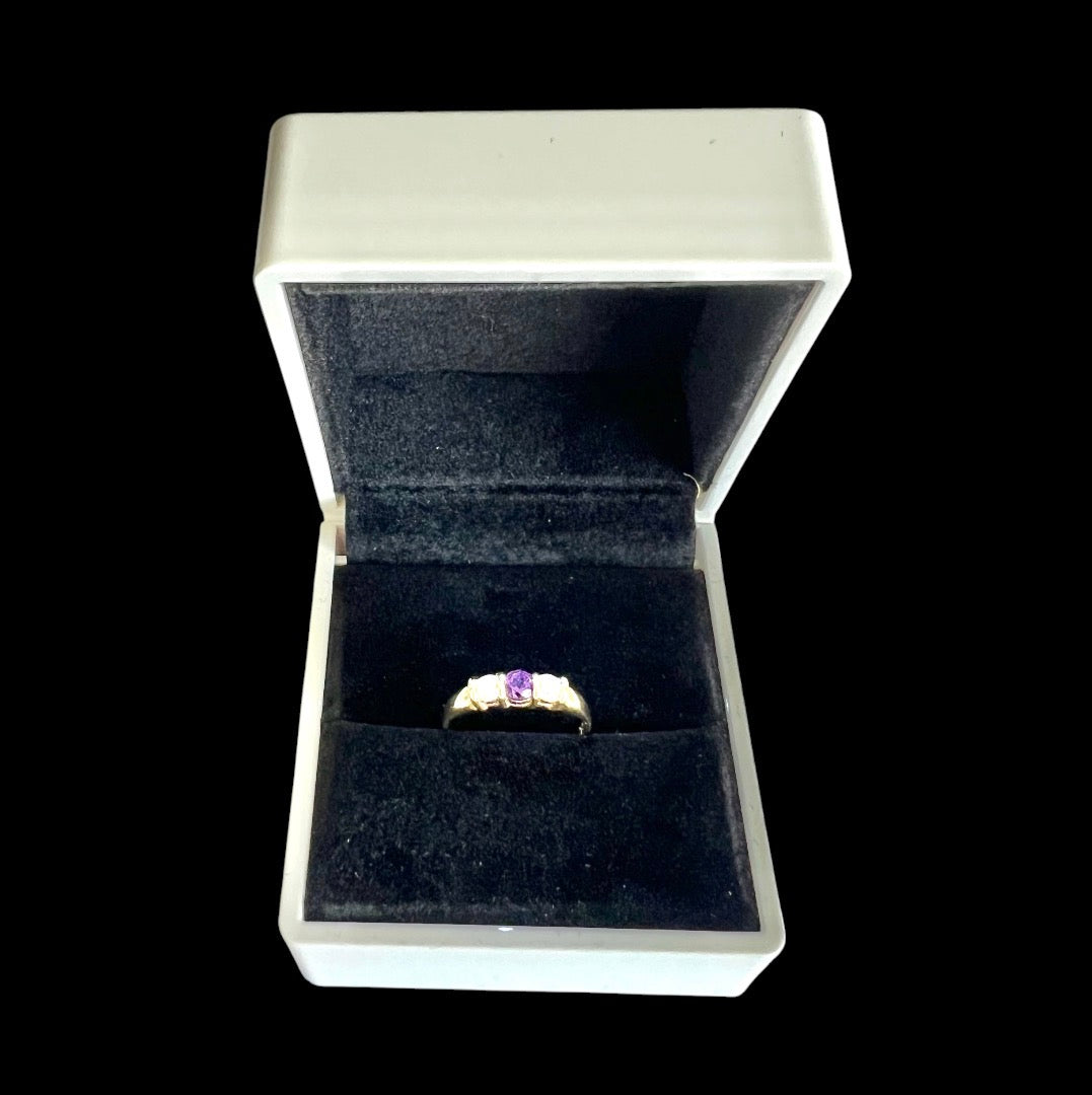 Vintage 9ct Gold Amethyst & Cubic Zirconia Three Stone Ring Size O 1/2